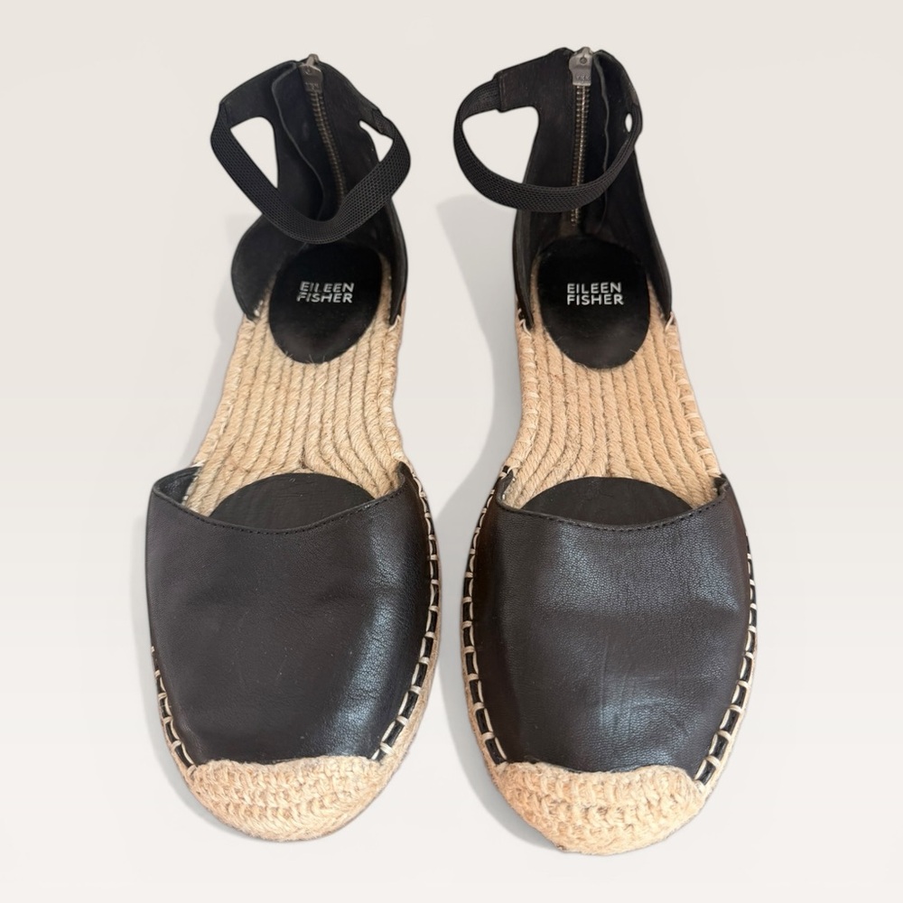 Eileen Fisher Black Leather Espadrille Ankle-Strap Sandals